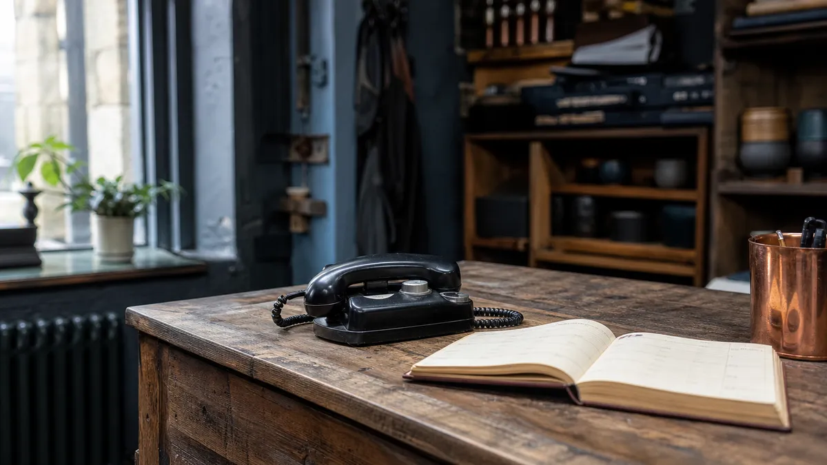 A small workshop counter with a landline telephone and a paper appointment diary open beside it.