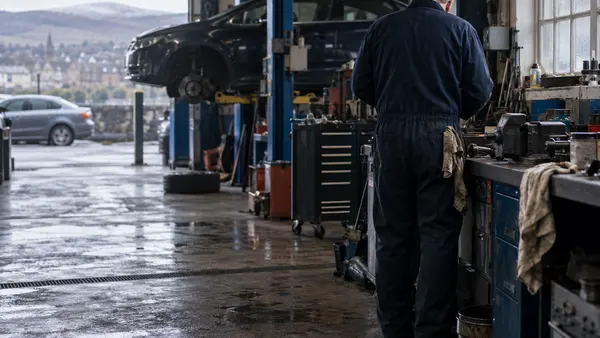 A garage owner stands with their back to the camera beside a workbench inside a Livingston workshop.
