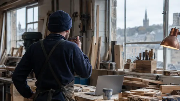 A joiner in a Dalkeith workshop records a voice note beside timber offcuts with a laptop screen facing away from the camera.