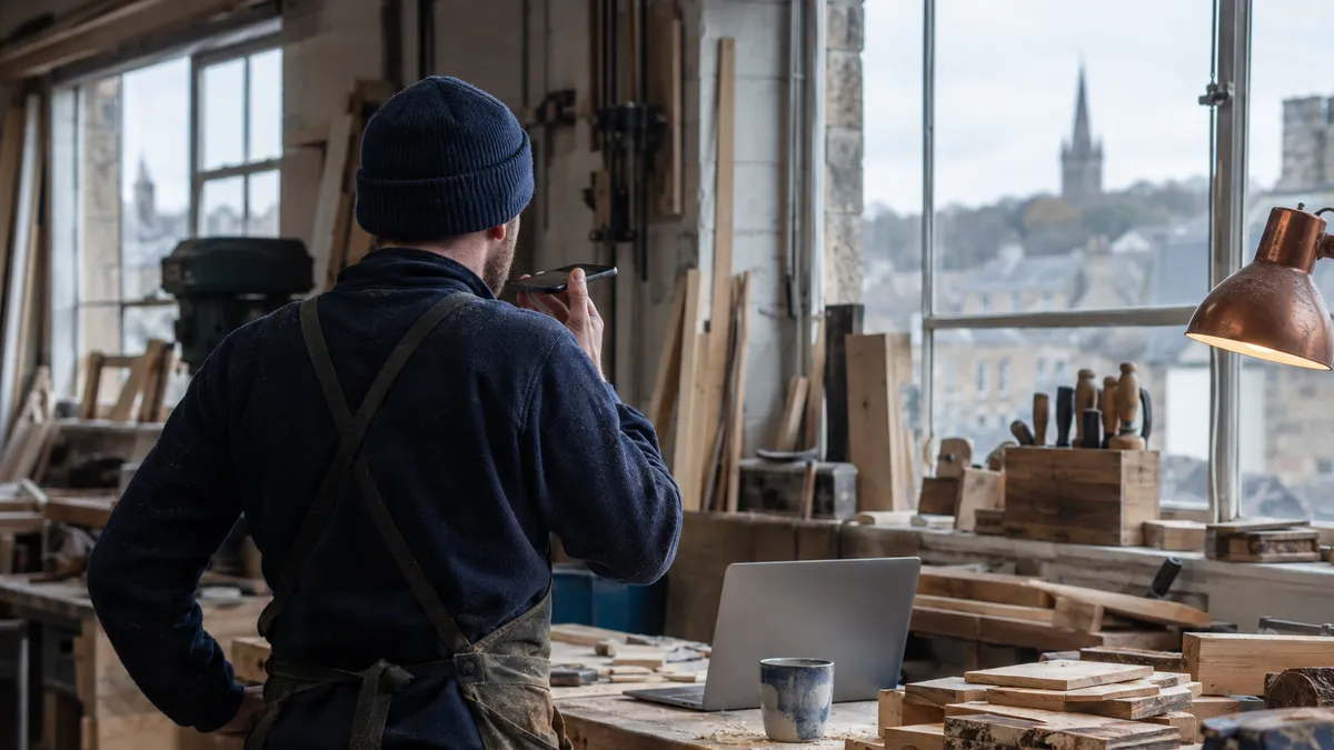 A joiner in a Dalkeith workshop records a voice note beside timber offcuts with a laptop screen facing away from the camera.