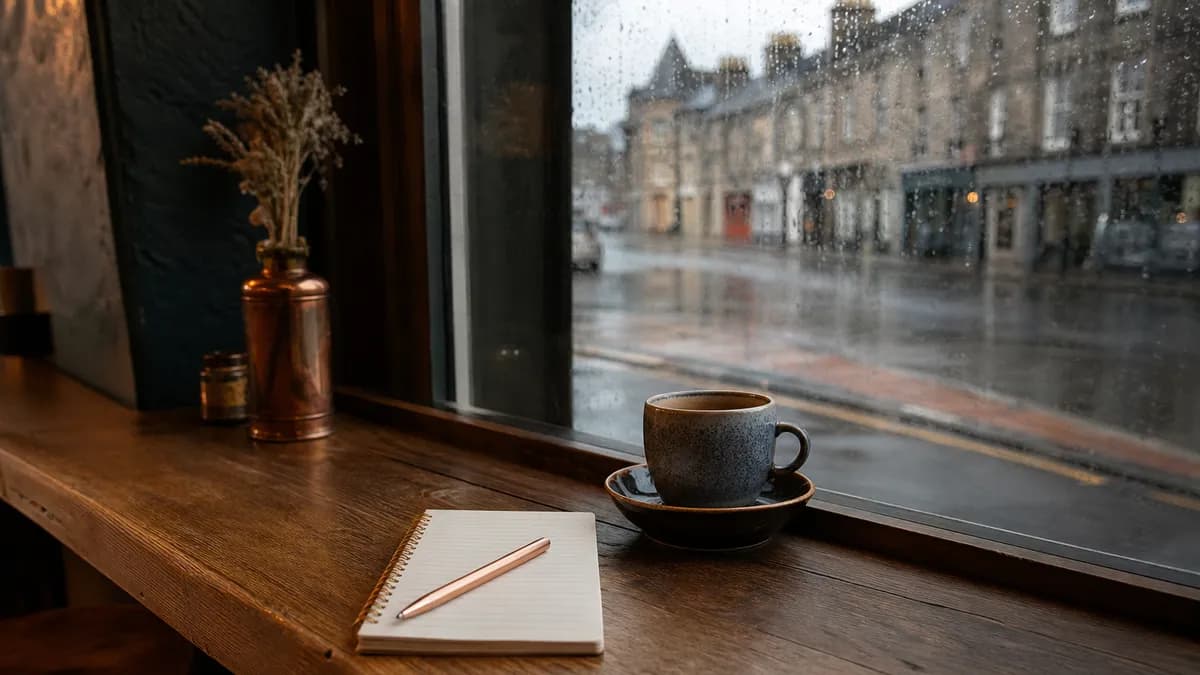 The counter of a small independent cafe in a Scottish town with a notepad and a cup of tea beside a window