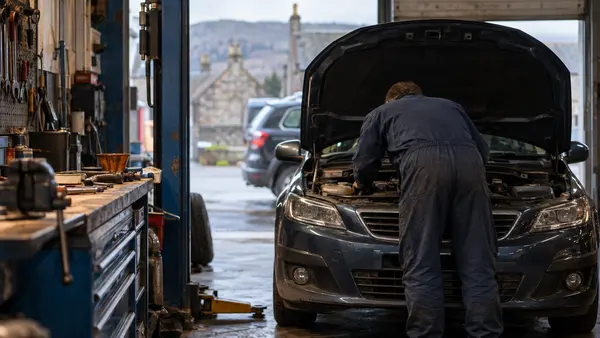 A mechanic seen from behind working under the raised bonnet of a car inside a small independent garage, lit by daylight from the open door.