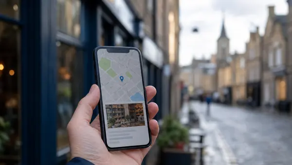 A phone showing a Google Maps listing for a local business on a Scottish high street