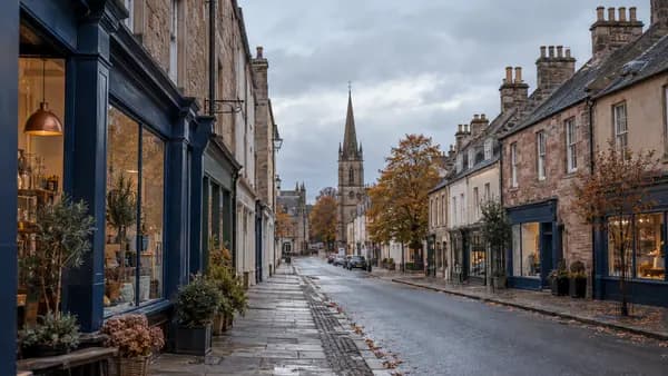A wide market town high street of stone buildings with independent shops on a quiet autumn morning in East Lothian.