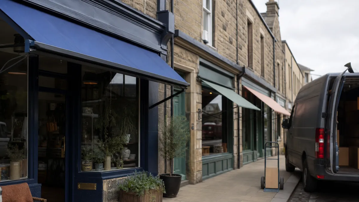 A quiet Scottish high street of small independent shops on a bright autumn morning.