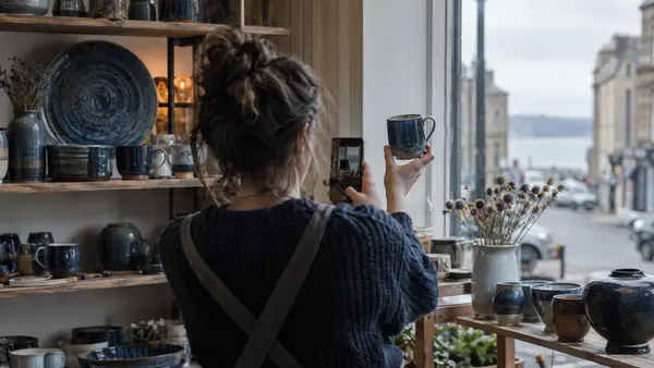 A shop owner photographs a blue ceramic mug beside a window in a Portobello pottery shop.