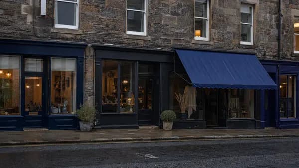 A row of small independent shopfronts on a stone Edinburgh street in early morning light