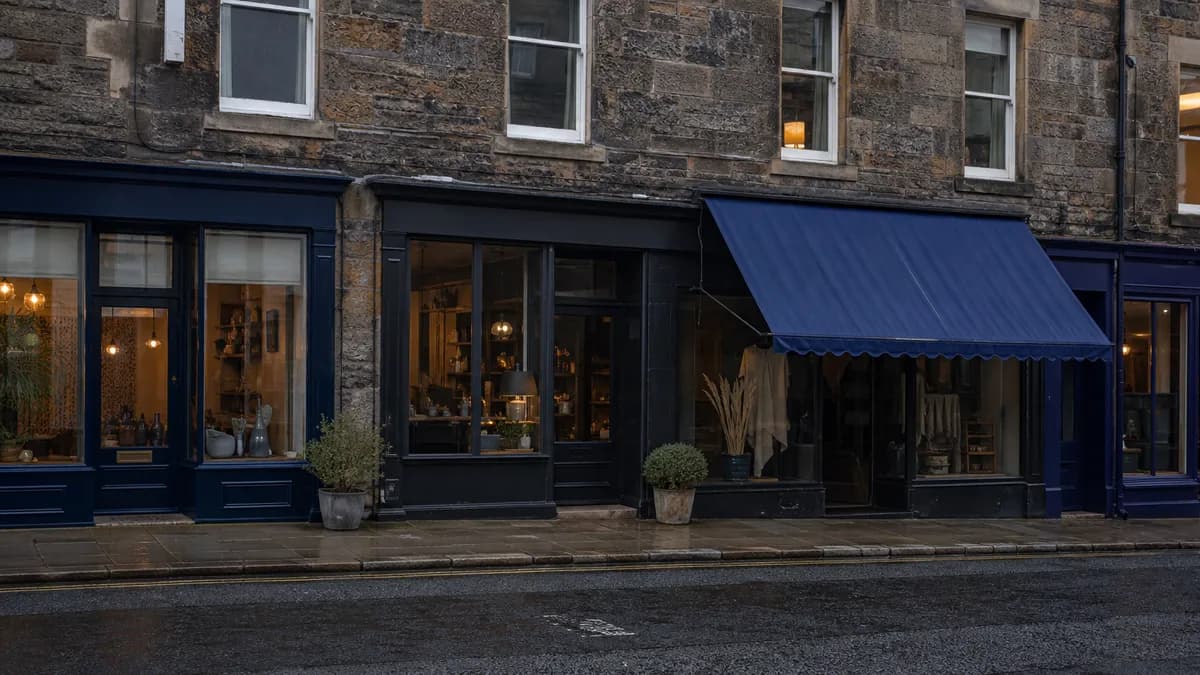 A row of small independent shopfronts on a stone Edinburgh street in early morning light