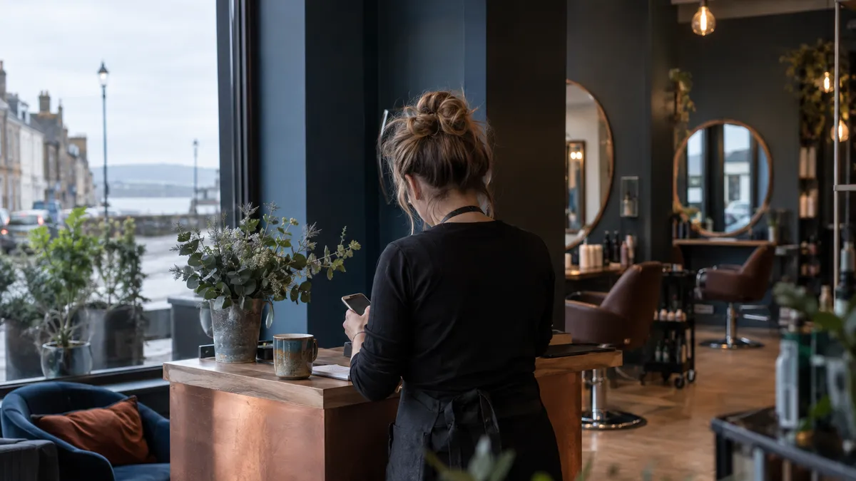 A salon owner seen from behind tests a booking form on a phone at a reception desk in Musselburgh.