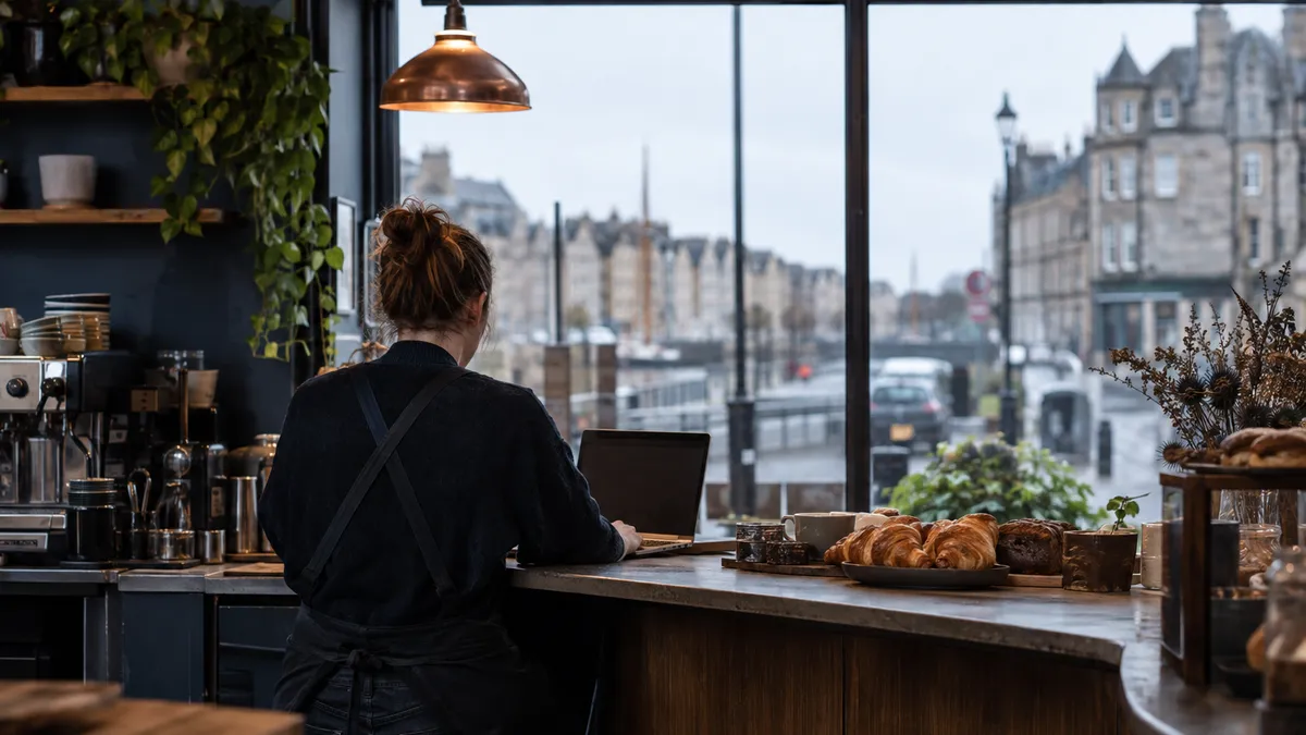 A cafe owner viewed from behind uses a laptop beside a counter in Leith.