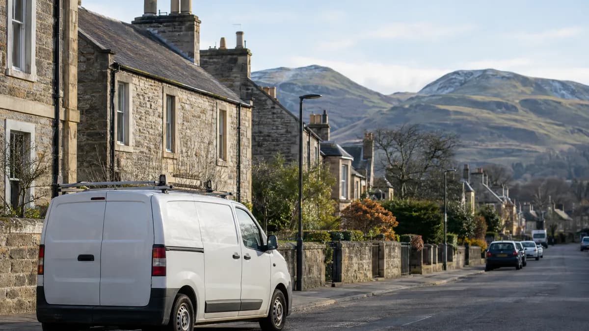 A tradesman's van parked on a quiet residential street of stone houses with rounded green hills rising behind the town.