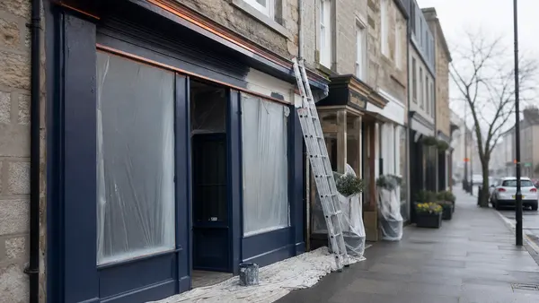 A shopfront on a Scottish high street part way through being repainted with the old sign still up
