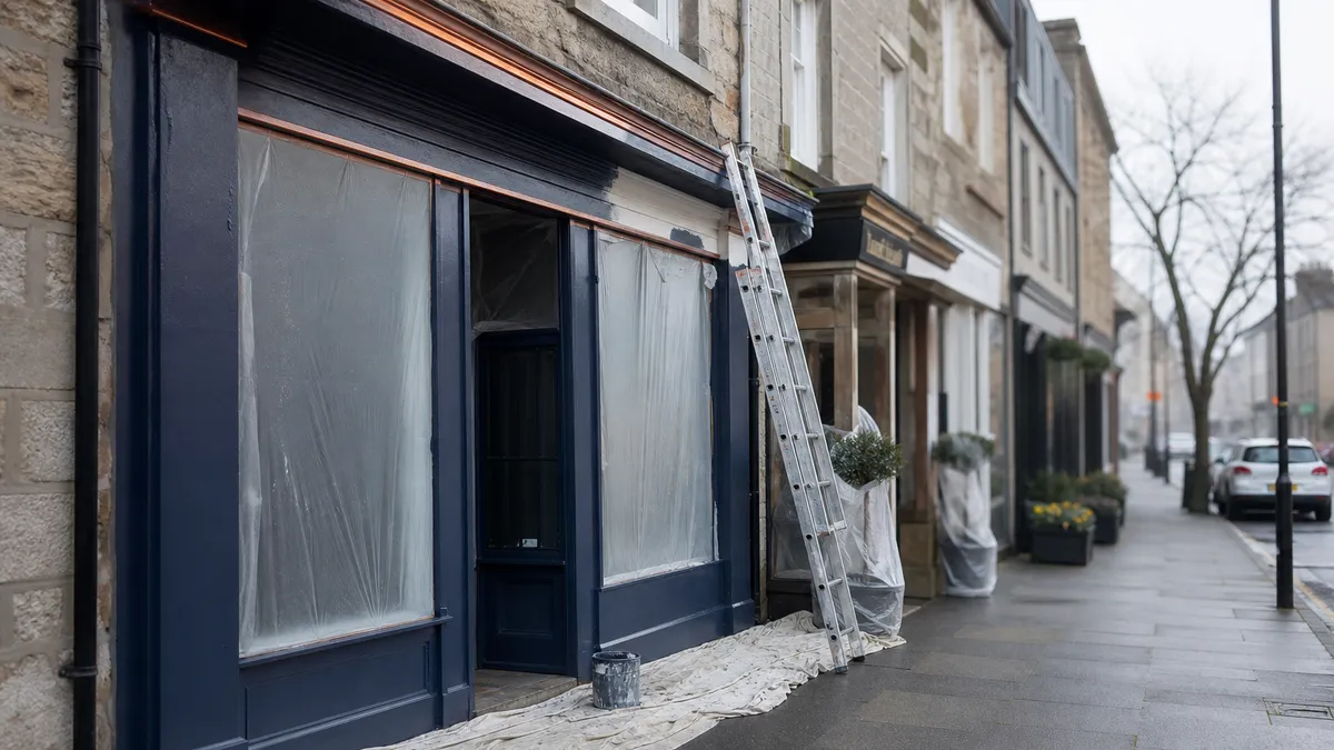 A shopfront on a Scottish high street part way through being repainted with the old sign still up