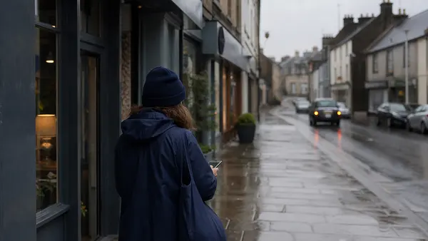 A woman asking a question on her phone outside a row of independent shops in a Scottish market town