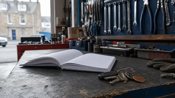 An open appointment book on a workbench in a small Scottish garage with tools racked on the wall behind it