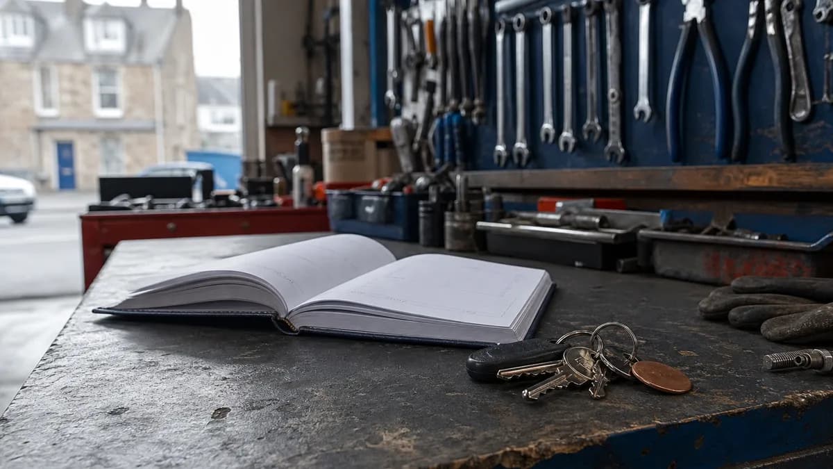 An open appointment book on a workbench in a small Scottish garage with tools racked on the wall behind it