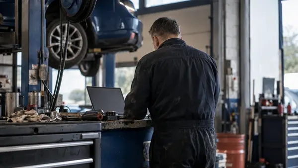A garage owner in Livingston sits at a service desk with a laptop angled away from the camera and workshop tools in the background.