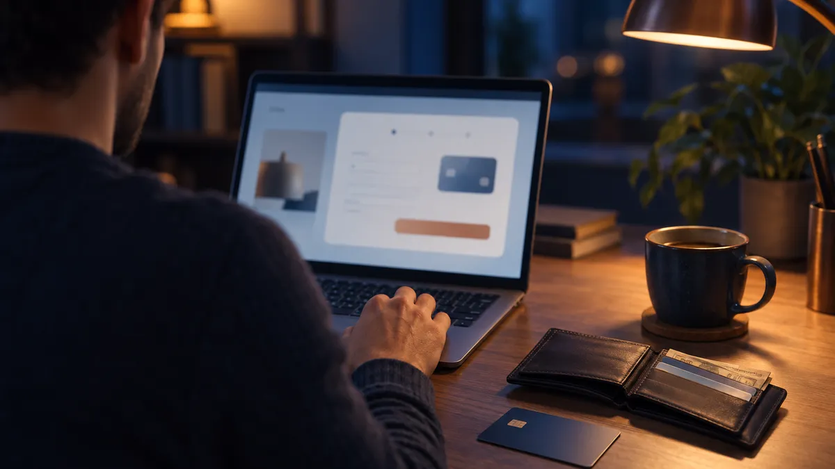 Someone at a laptop paying on a website checkout page, with a bank card and an open wallet on the desk beside them