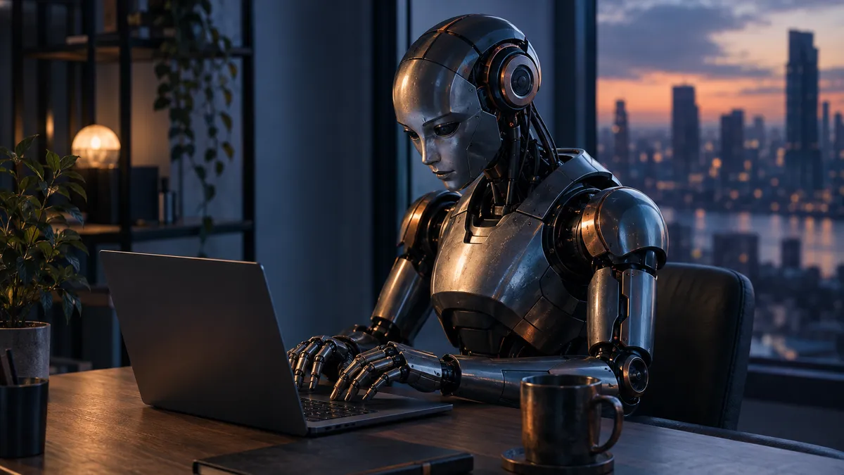 A humanoid robot sitting at an ordinary desk, typing on a laptop with its metal fingers on the keys