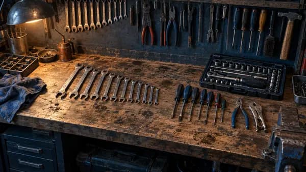 A garage workbench with spanners, wrenches and screwdrivers laid out in rows on a scuffed wooden top