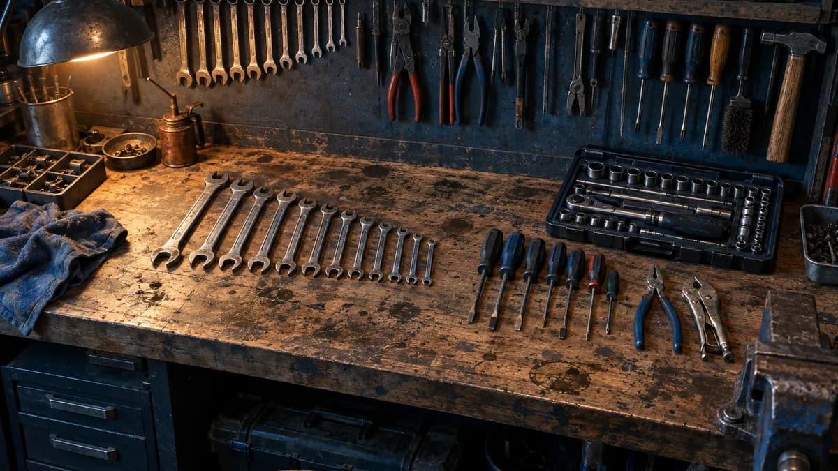 A garage workbench with spanners, wrenches and screwdrivers laid out in rows on a scuffed wooden top