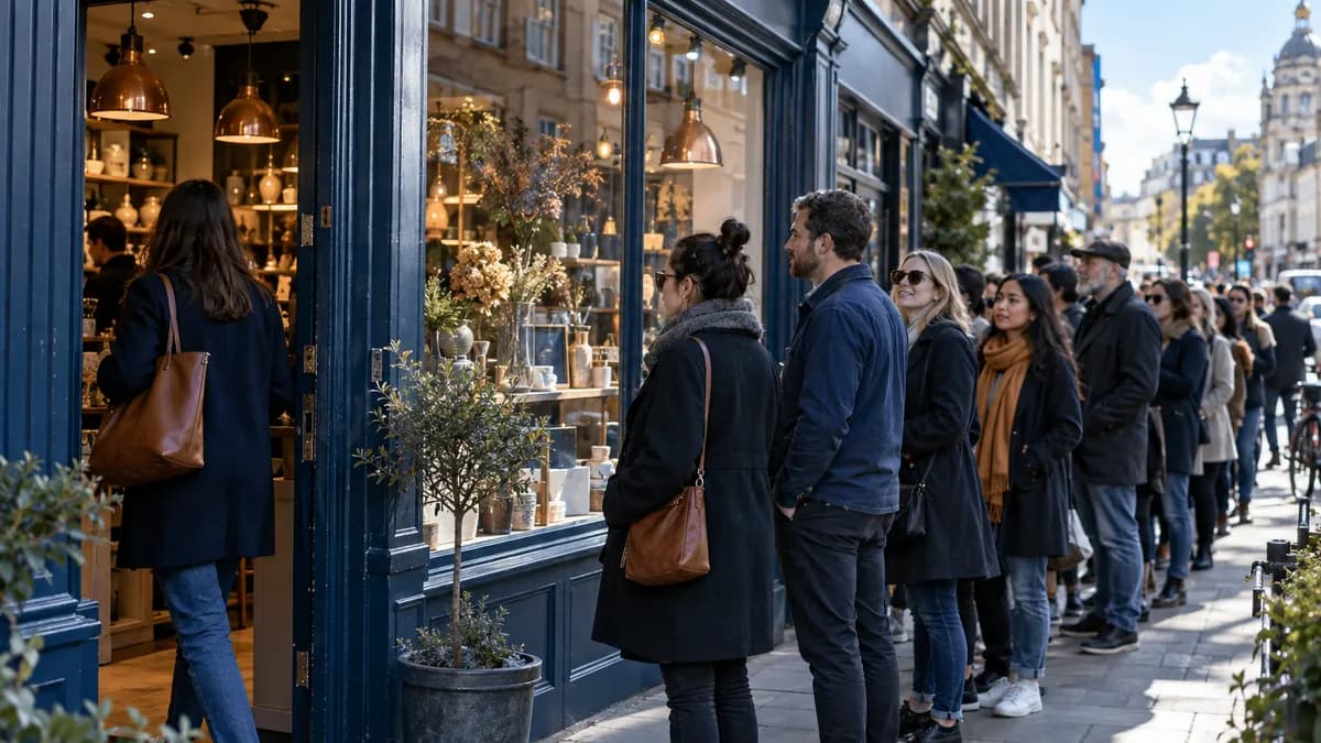 A queue of people waiting along the pavement outside a small shop, a little business plainly doing well