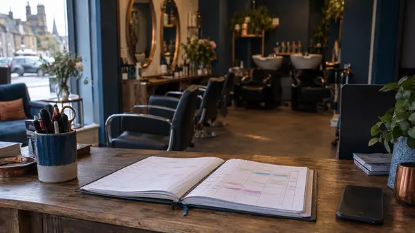 An open paper appointment diary and a phone lying face down on the reception desk of a small salon