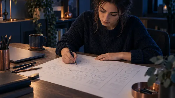 Someone at a desk sketching a website layout in pencil, ruled wireframe boxes drawn across a sheet of paper