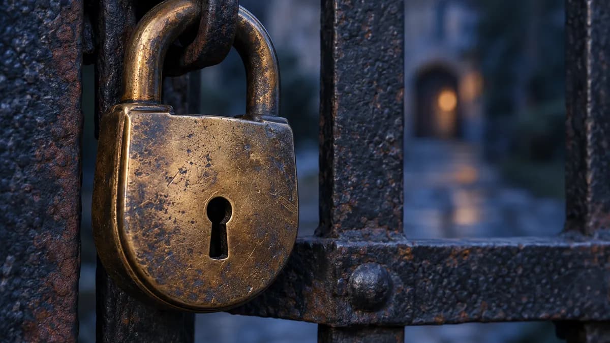 A close view of a heavy brass padlock hanging on the bars of an old iron gate, sharply in focus