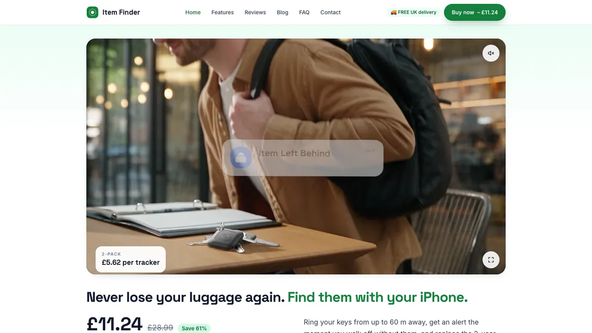 The top of itemfinder.co.uk, one of six online shops selling Bluetooth trackers, all run as one