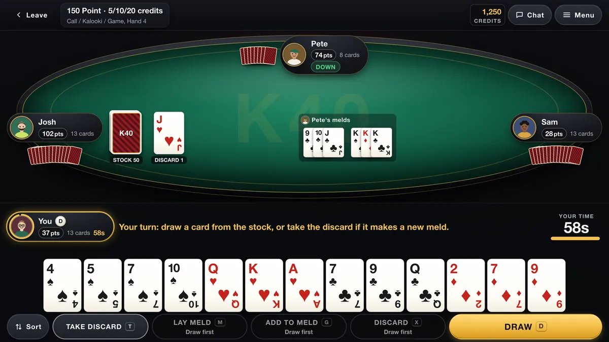A four-player game of Kalooki in progress on k40online.com: a green card table with three opponents, the stock and discard piles, laid melds, and the player's own thirteen cards along the bottom with a turn timer beside them