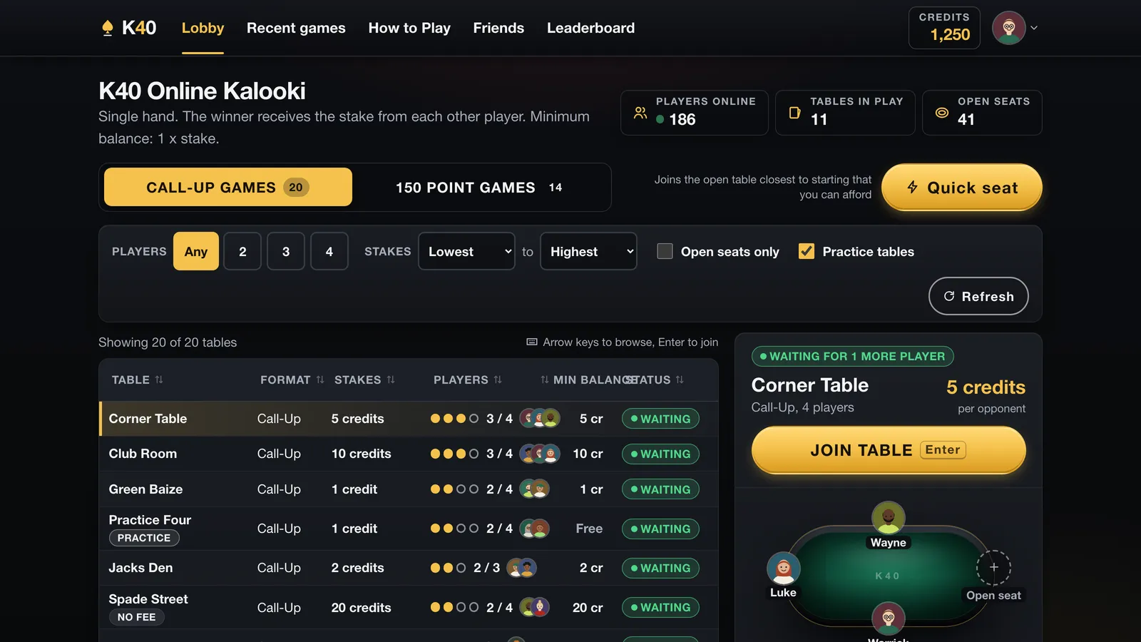 The K40 lobby on a computer, listing tables with their format, stakes and players, and a preview of the selected table