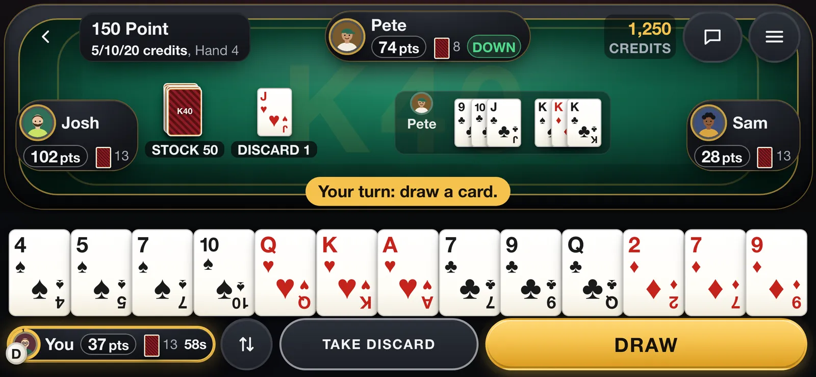 The K40 table on a phone held sideways, with the opponents across the top, the stock and discard in the middle, a full hand of cards along the bottom and a large Draw button